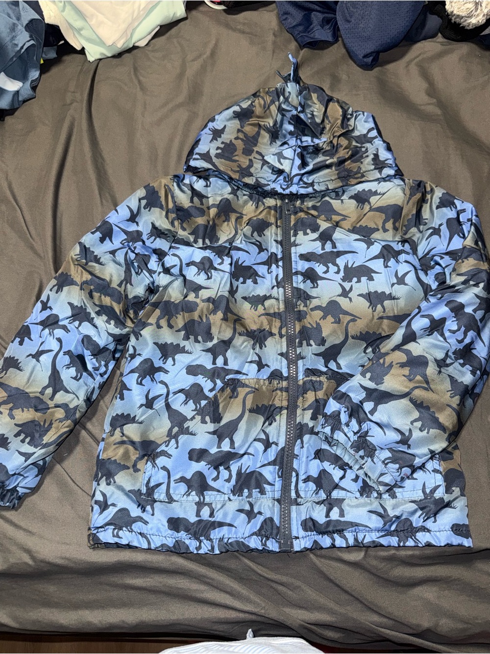 Children's Hooded Puffer Jacket in Blue Dinosaur Print